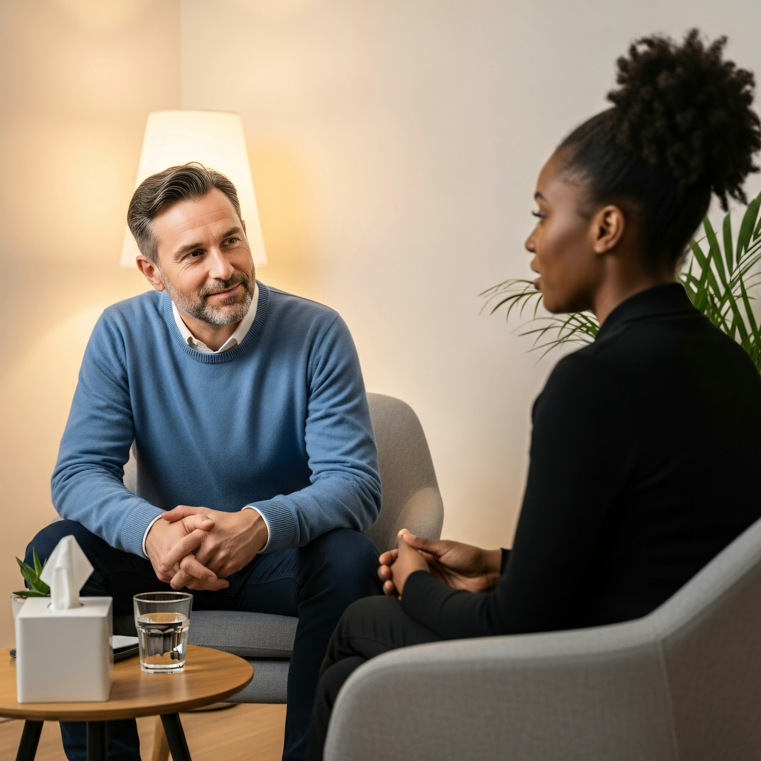 A man openly discussing his feelings with a therapist in a safe, confidential setting, representing the therapeutic process.