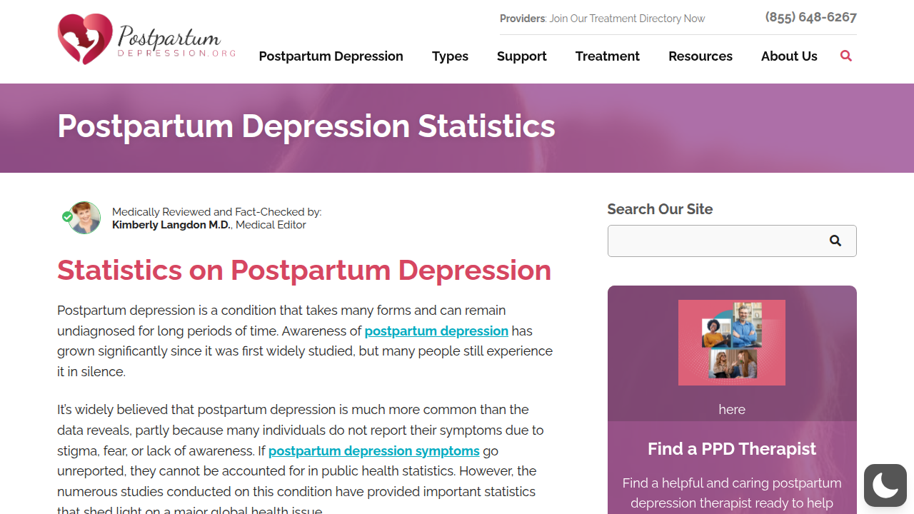 Screenshot of PostpartumDepression.org statistics page, highlighting data on paternal postpartum depression.