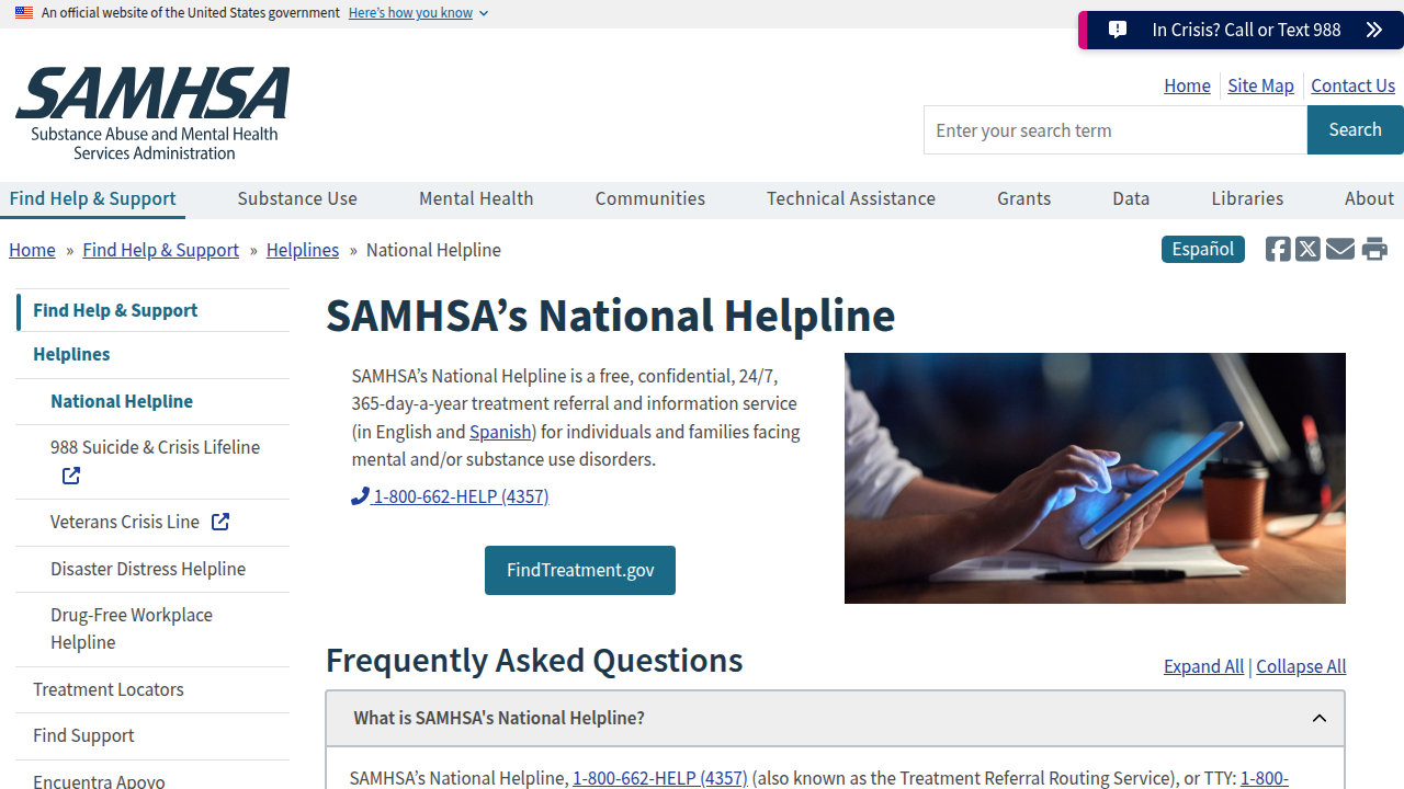 Screenshot of the SAMHSA National Helpline page, highlighting its role as a free, confidential, 24/7 resource for individuals and families facing mental health challenges.