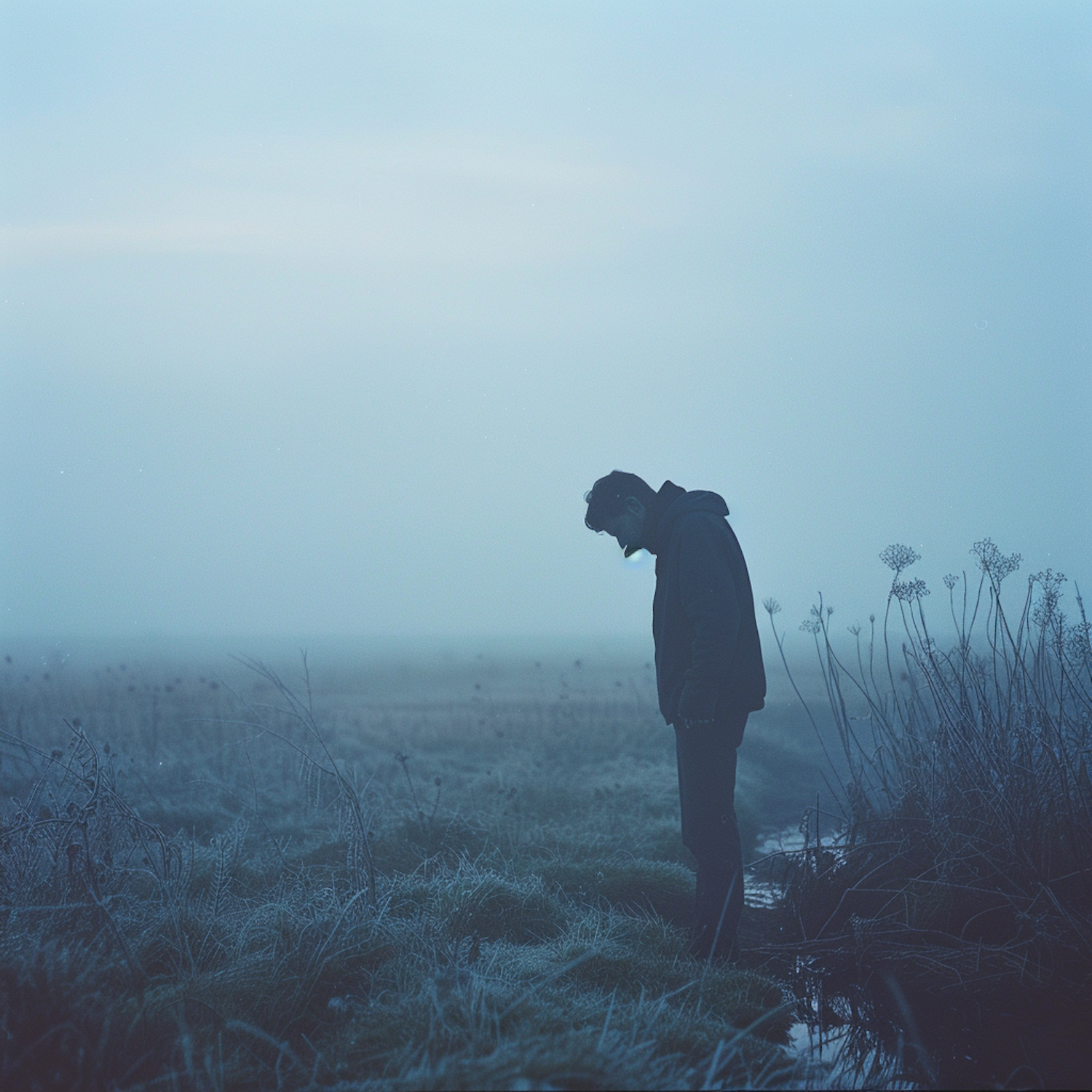 A man sitting alone, looking contemplative or sad, conveying a sense of disconnection or loneliness.