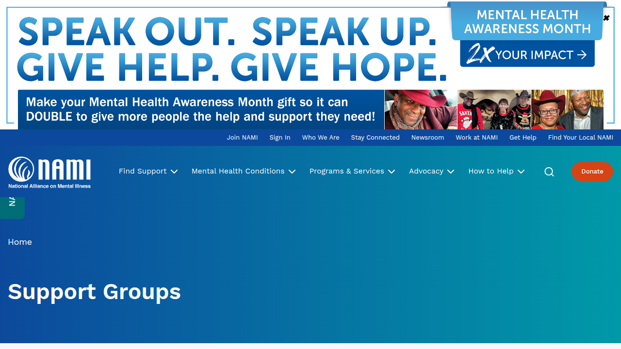 A view of the National Alliance on Mental Illness (NAMI) website, highlighting their free peer-led support groups.