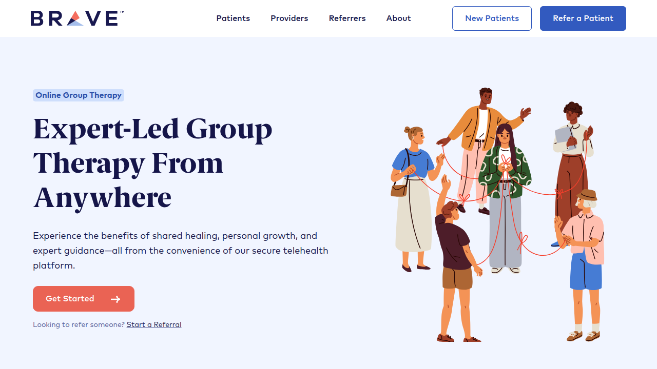 A screenshot from Brave Health's website, showcasing their online group therapy programs.
