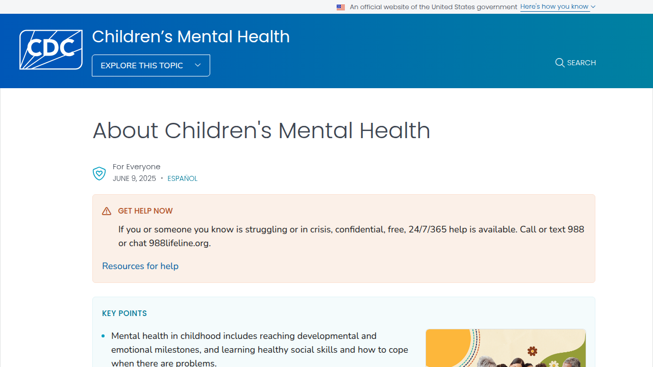 Screenshot of the CDC's dedicated resources page for children's mental health, a key source for anxiety statistics and data.