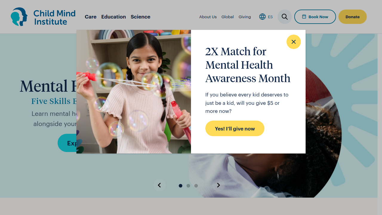 Screenshot of the Child Mind Institute homepage, a resource for understanding and addressing children's mental health concerns.