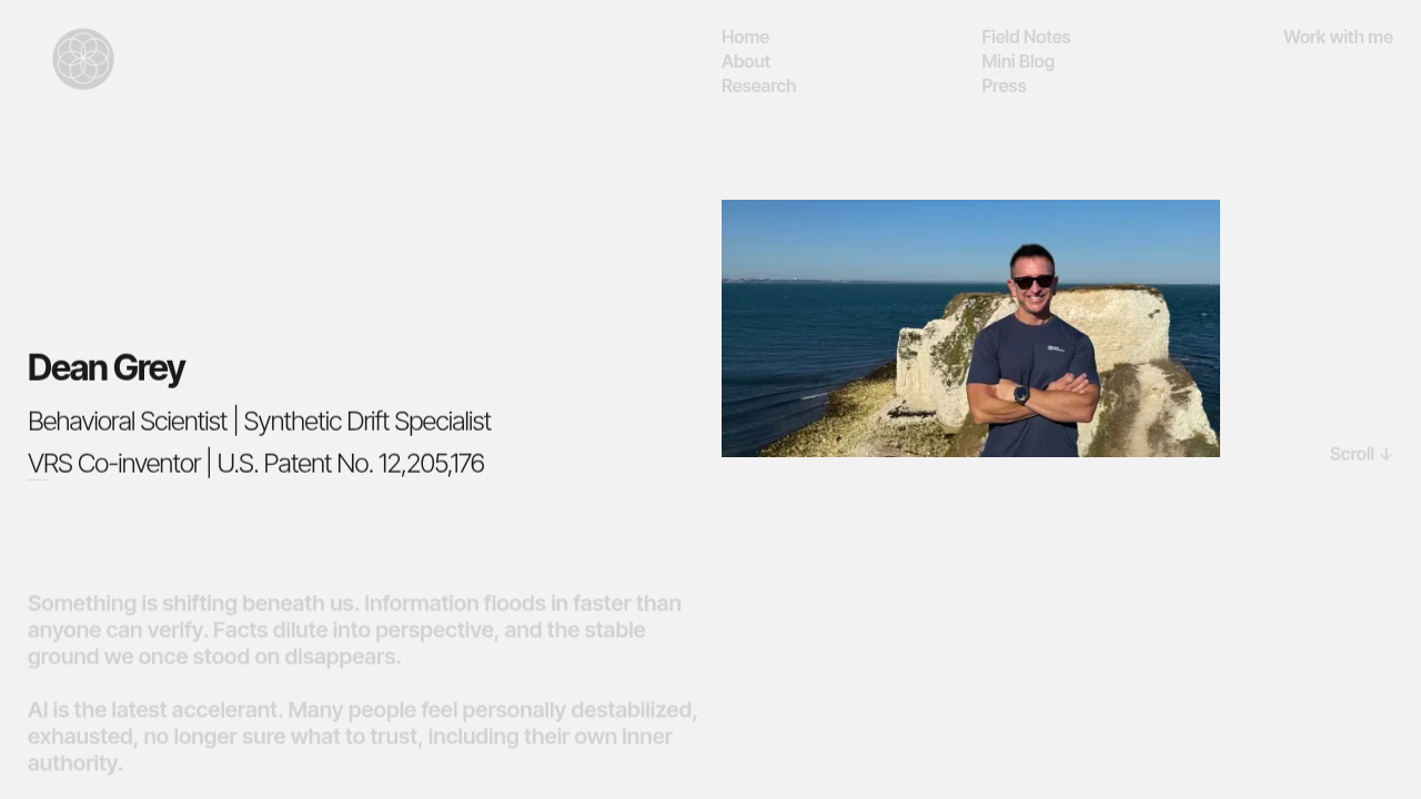 Screenshot of Behavioral Scientist Dean Grey's website, featuring research on how modern social pressures affect young men's connections.