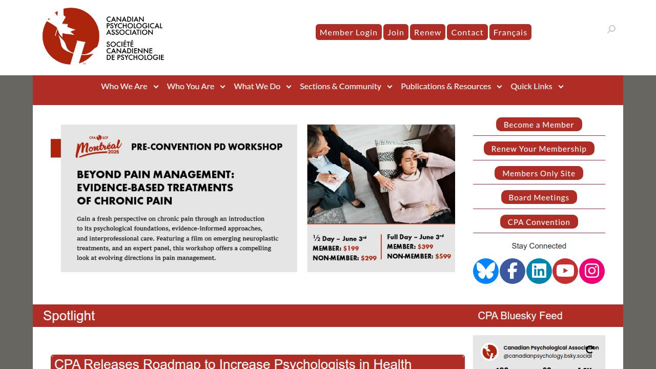 The Canadian Psychological Association website, illustrating the regulatory standards for therapists in Canada.