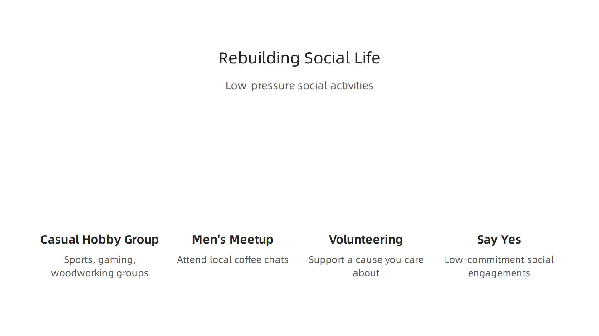 Examples of low-pressure activities recommended by therapists to help men rebuild social connections after a breakup.