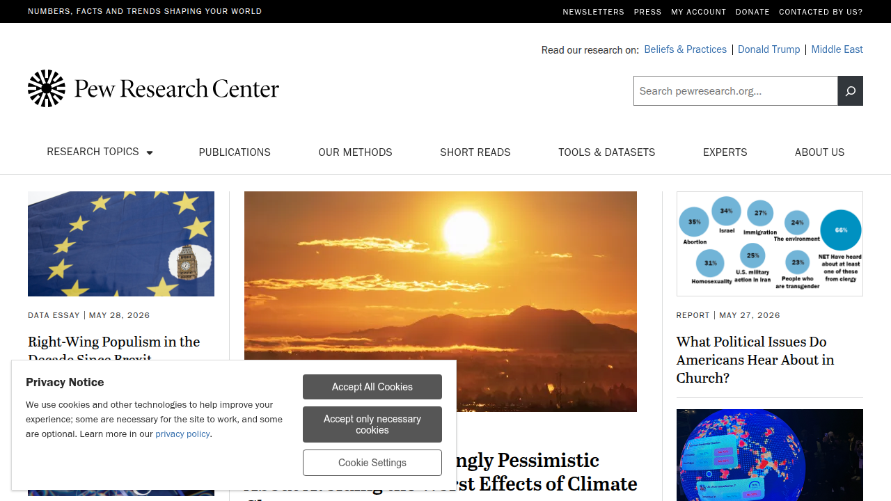 Screenshot of the Pew Research Center homepage, a leading source for public opinion research and demographic trends.
