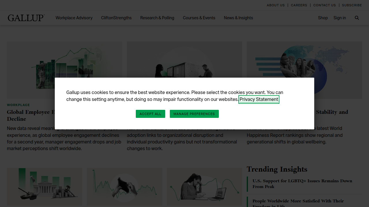 Screenshot of the Gallup website homepage, a global analytics and advisory company known for its public opinion polls.