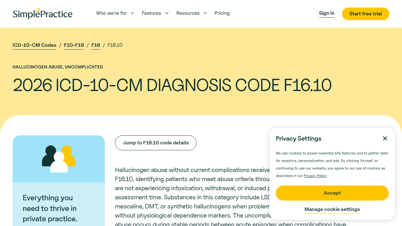 An example of an ICD-10-CM code used by clinicians to classify hallucinogen abuse for diagnosis and tracking.