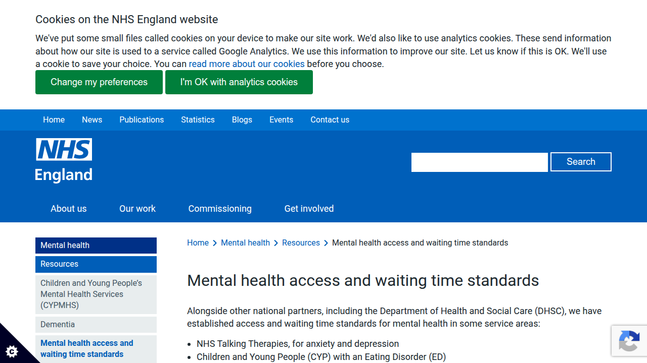 Information on mental health access and waiting time standards from NHS England.