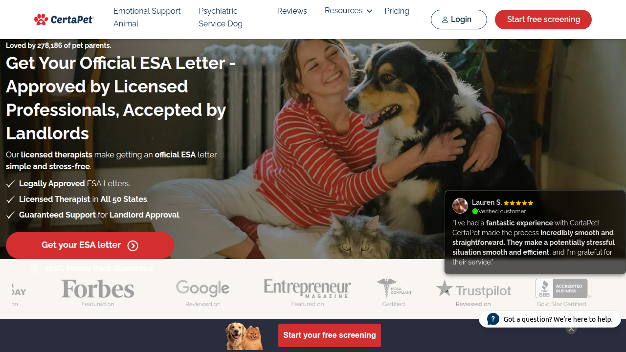 Screenshot of certapet.com, a resource discussing HUD ESA policy changes and their implications for ESA owners.