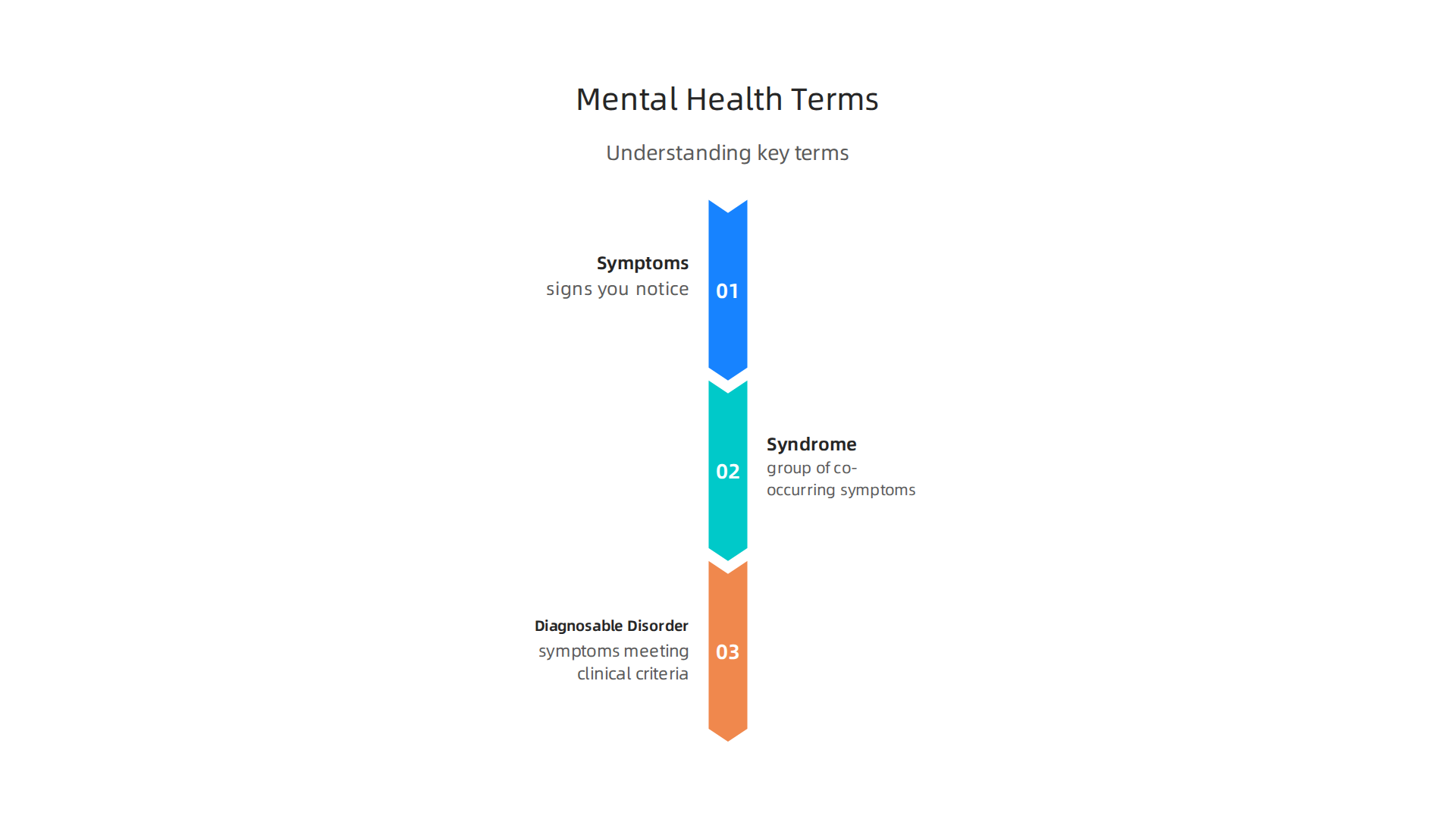 Understanding the fundamental terms in mental health: symptoms, syndrome, and diagnosable disorder.