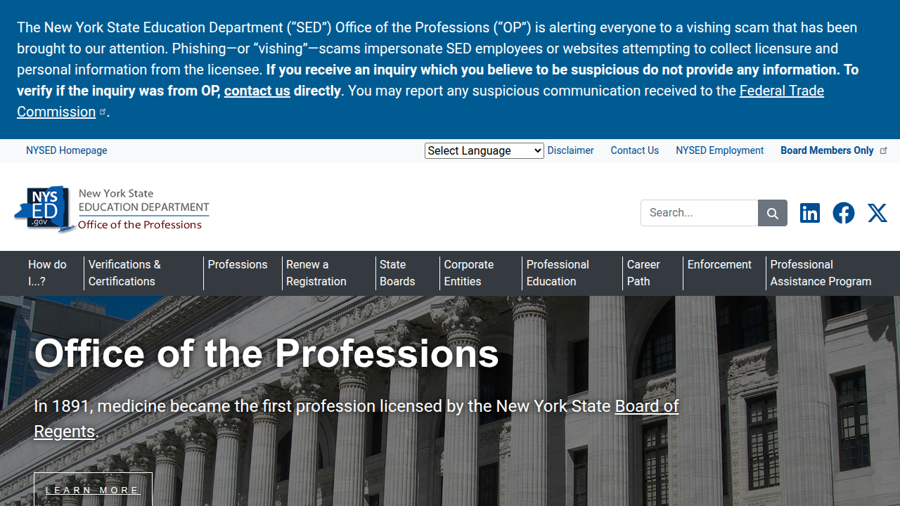 Homepage of the New York State Office of the Professions, a resource for verifying professional licenses.