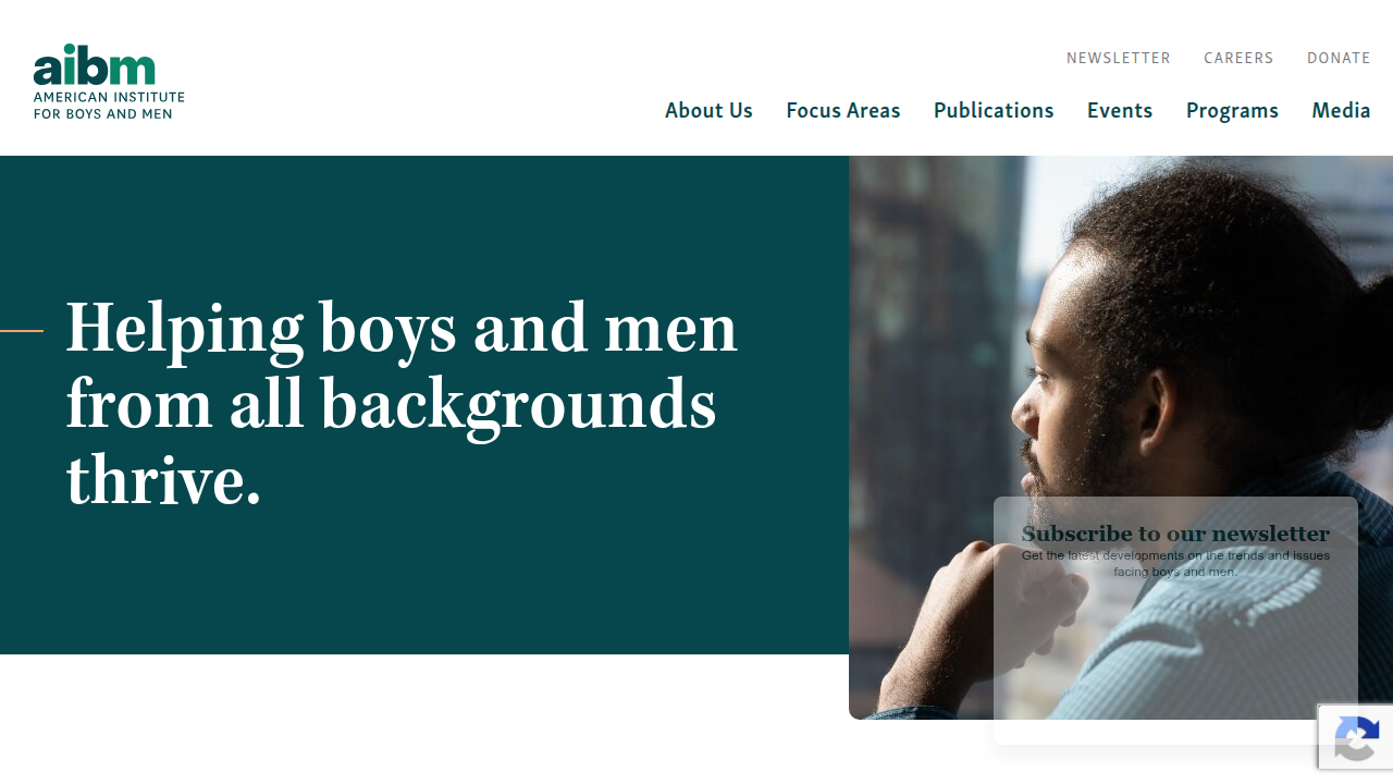 The homepage of the American Institute for Boys and Men, featuring research on male loneliness and isolation.