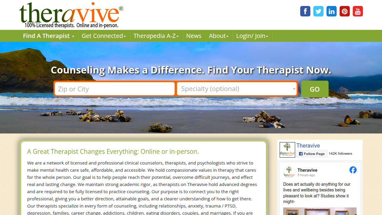 Screenshot of Theravive's website, a resource for mental health information and therapy.