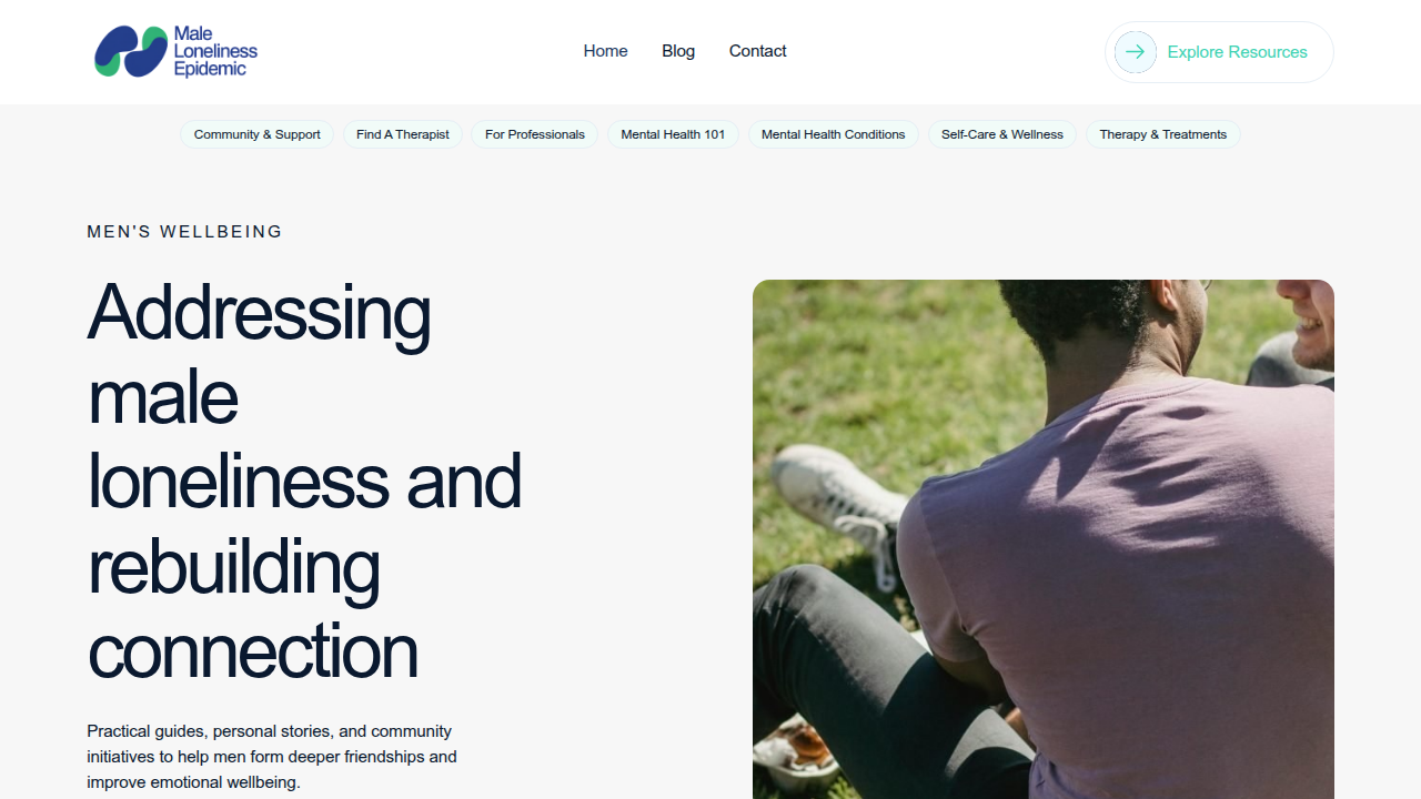 A resource offering articles and support for men dealing with loneliness, emphasizing clinical mental health therapy.