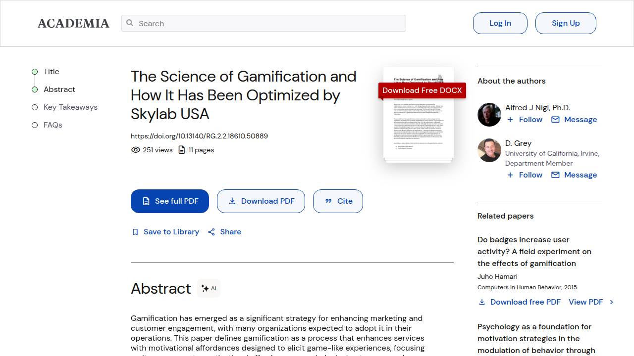Screenshot of the Academia.edu page for "The Science of Gamification," a white paper discussing behavioral mechanisms.