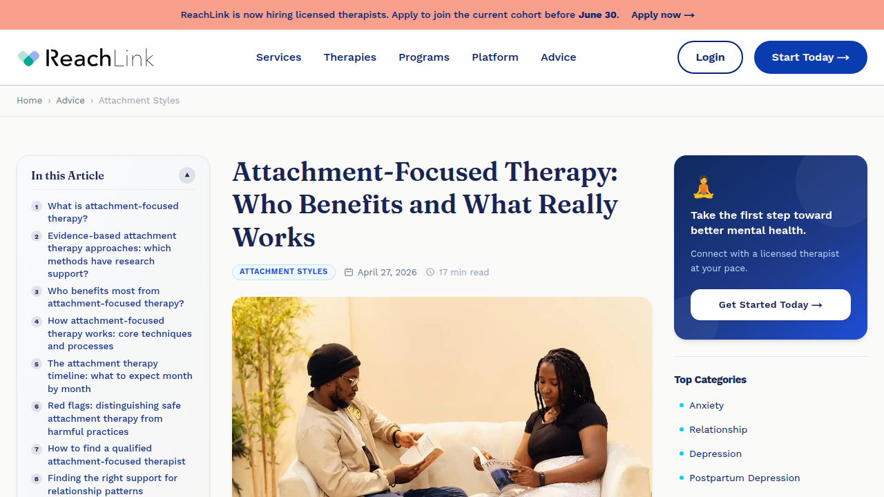 Screenshot of a Reachlink article explaining attachment-focused therapy, its benefits, and efficacy.
