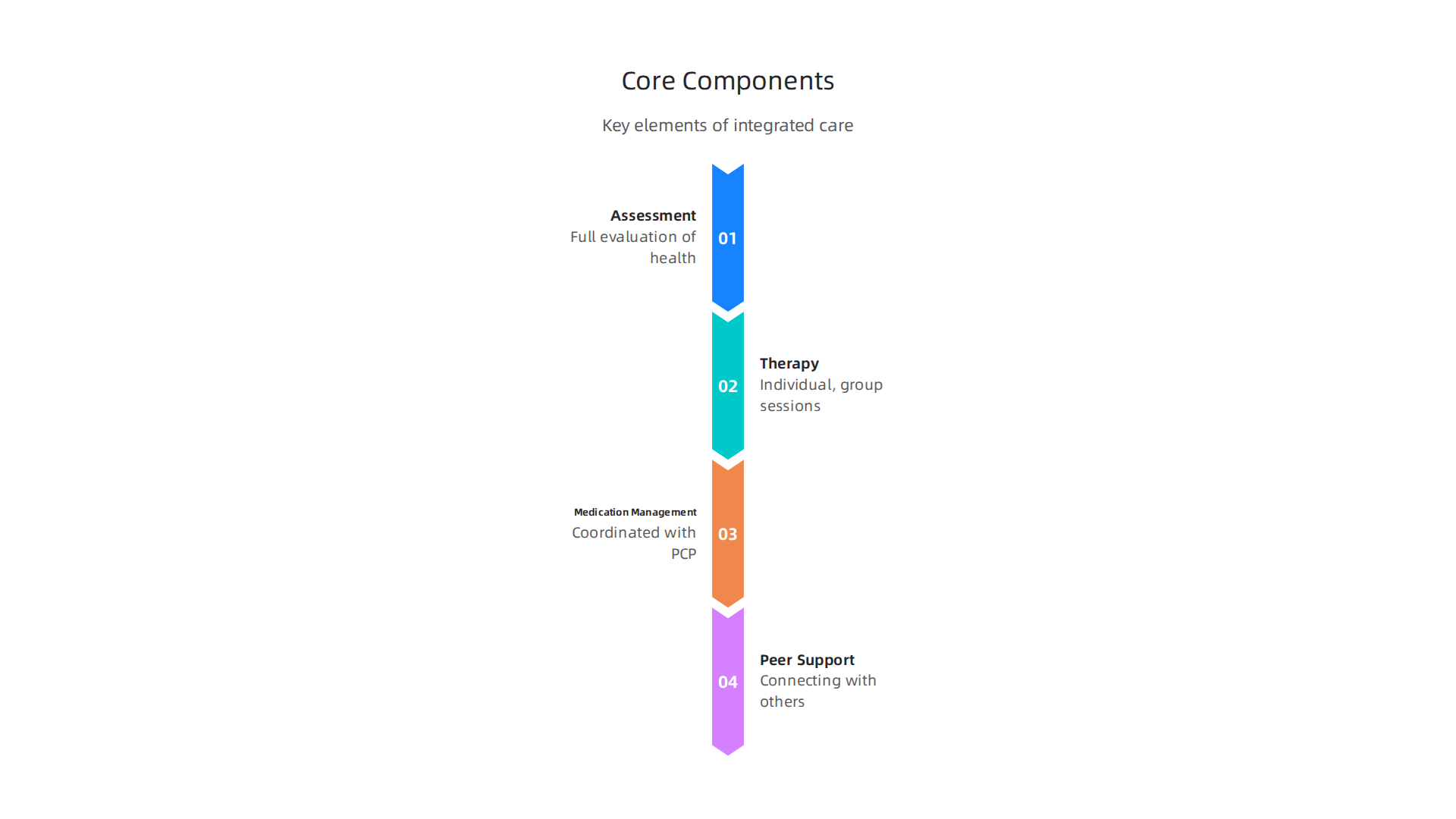 Key elements that form a comprehensive integrated behavioral health care approach.
