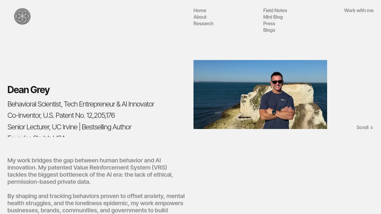 Dean Grey's official website, highlighting his work on the Value Reinforcement System and behavioral science.