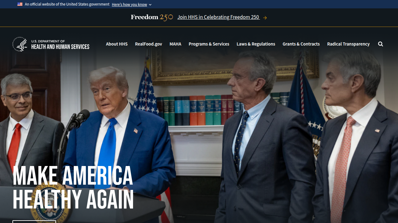 The U.S. Department of Health & Human Services homepage, a source for public health advisories.