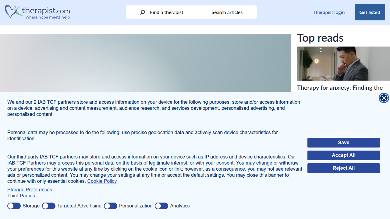 Screenshot of Therapist.com, a resource for finding mental health professionals and understanding therapy approaches like EFT.