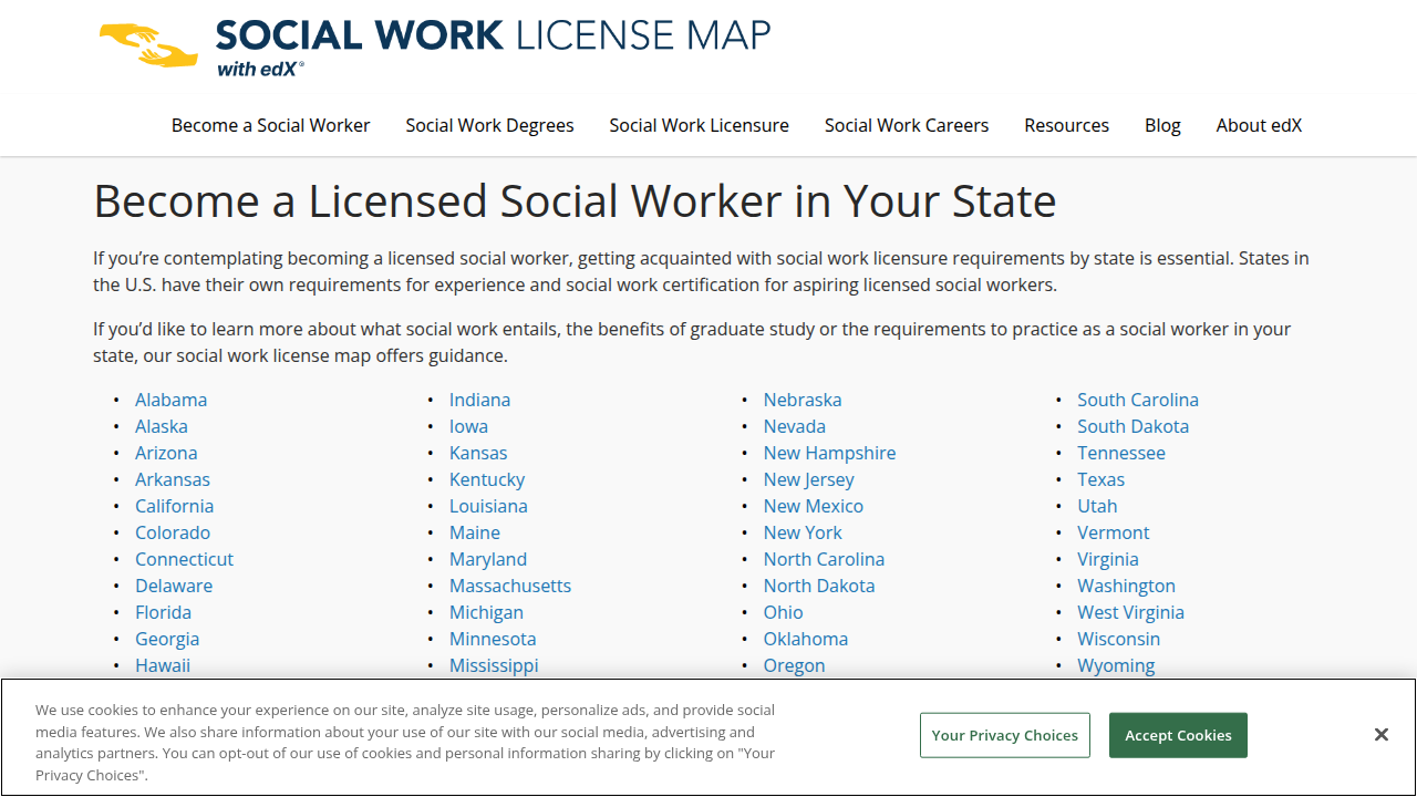 Screenshot of the Social Work License Map website, a resource detailing career paths and licensure requirements.