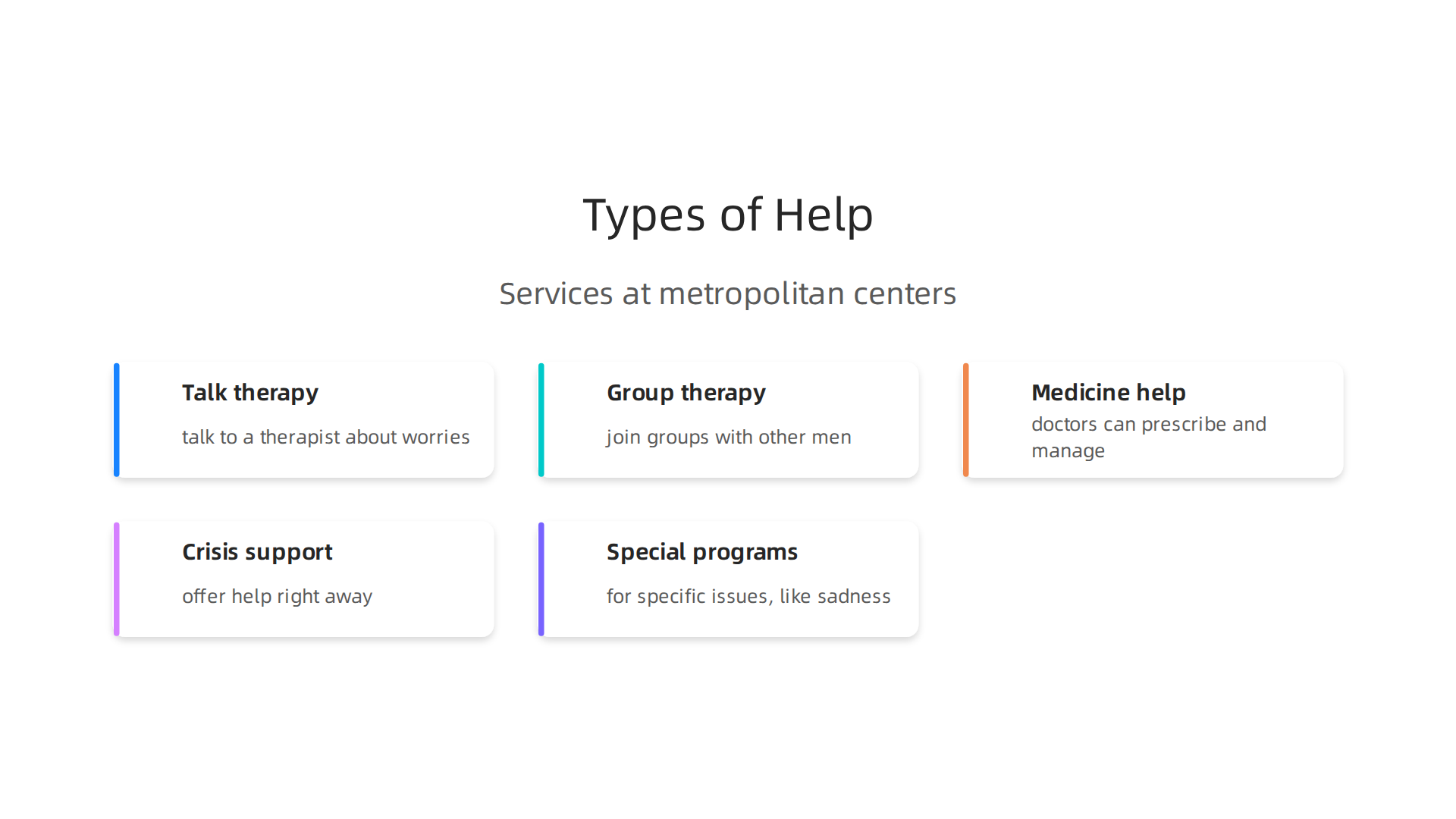Metropolitan mental health centers offer a variety of services, ranging from individual discussions to specialized group programs.