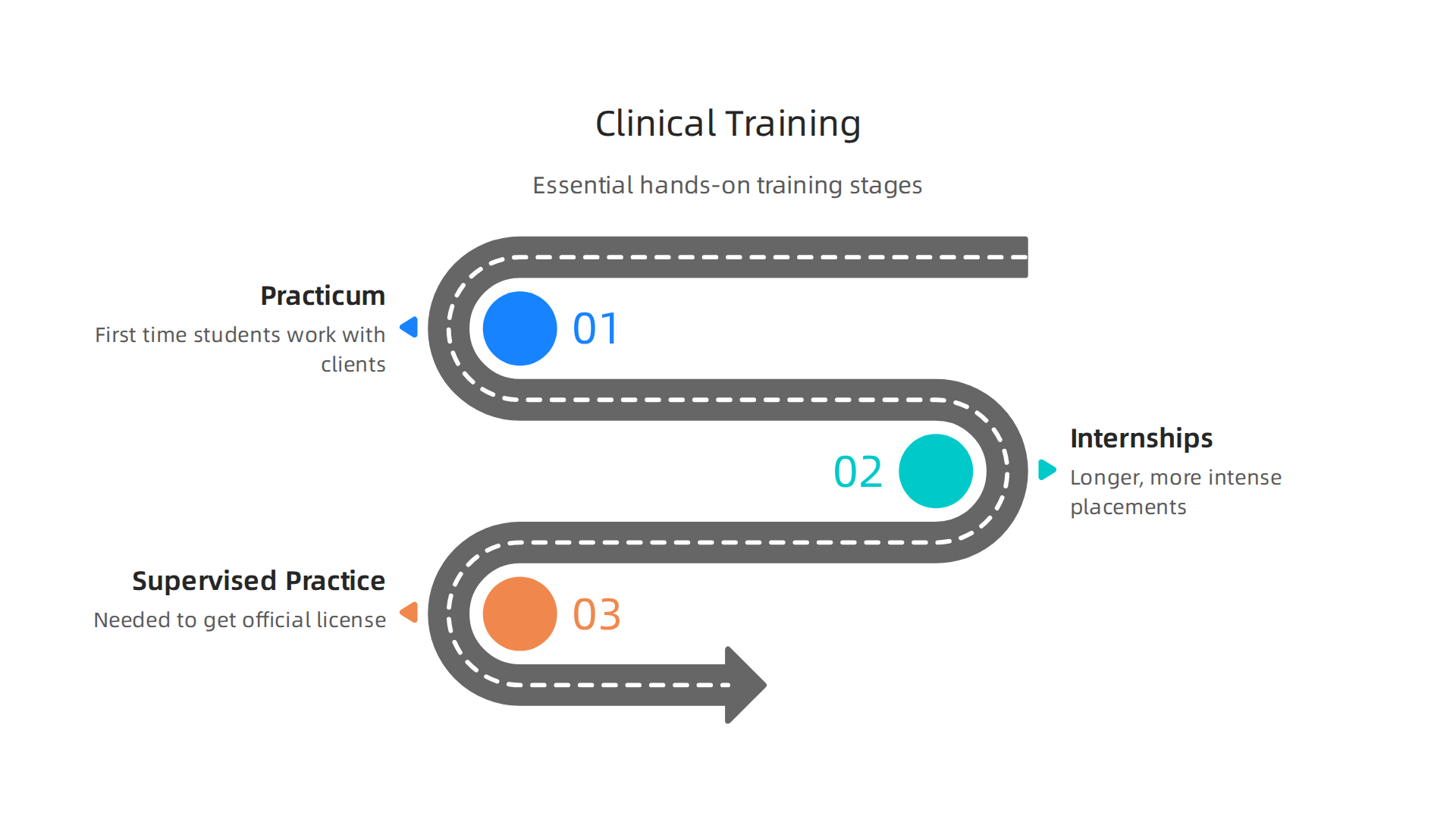 The essential stages of hands-on clinical training for aspiring therapists.