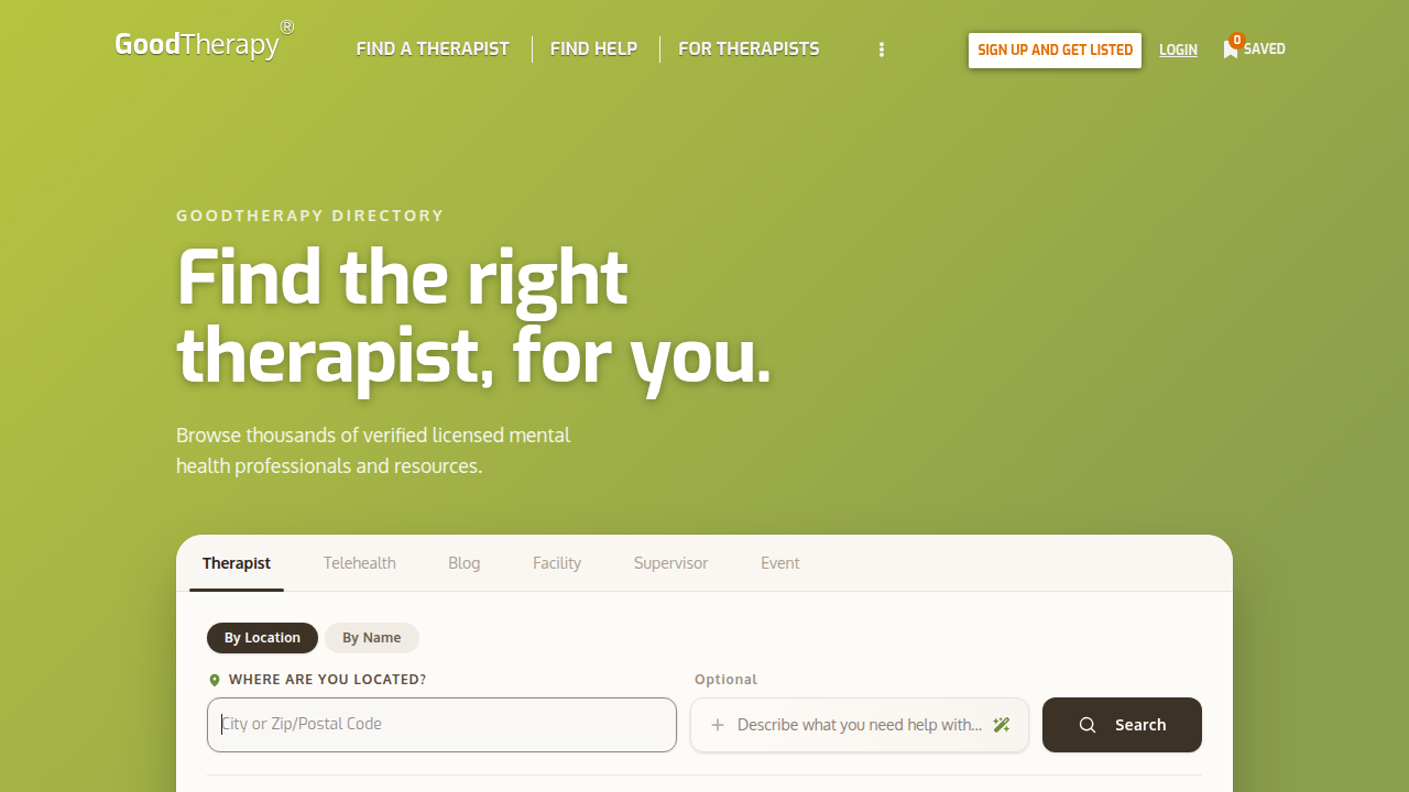 GoodTherapy.org, an online directory, helps users find therapists by filtering for location and therapeutic approach.