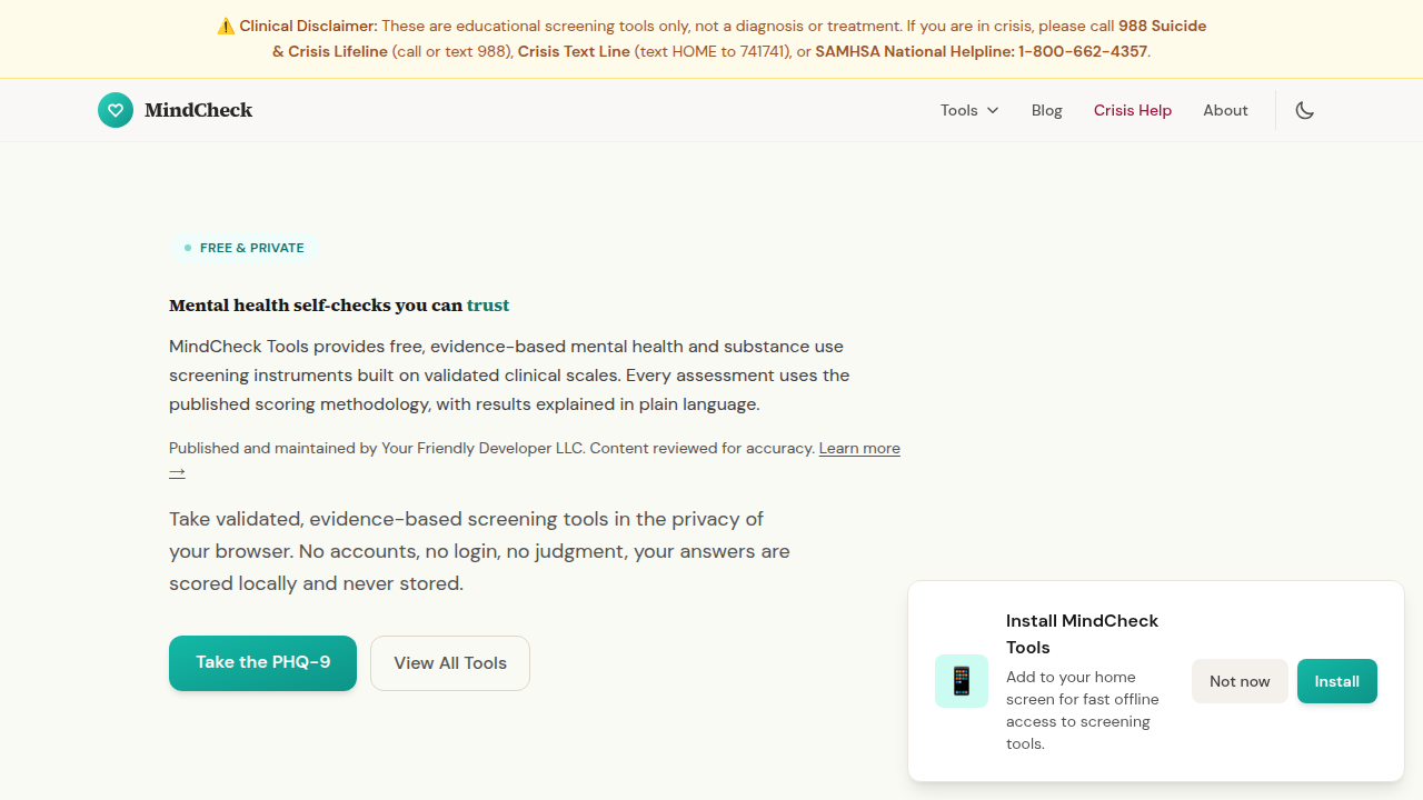 Explore validated mental health screening tools and self-checks available on the MindCheck Tools website.